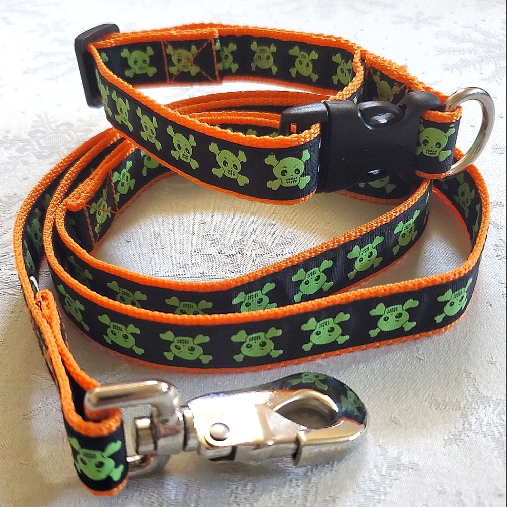 Glow Green Skeleton, Orange & Black Halloween Dog Collar & Leash